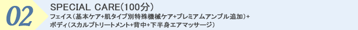 2.SPECIAL CARE (100分) 20万ウォン相当 化粧品セットプレゼント! フェイス(基本ケア+肌タイプ別特殊機械ケア+プレミアムアンプル追加)+ボディ(スカルプトリートメント+背中+下半身エアマッサージ)
